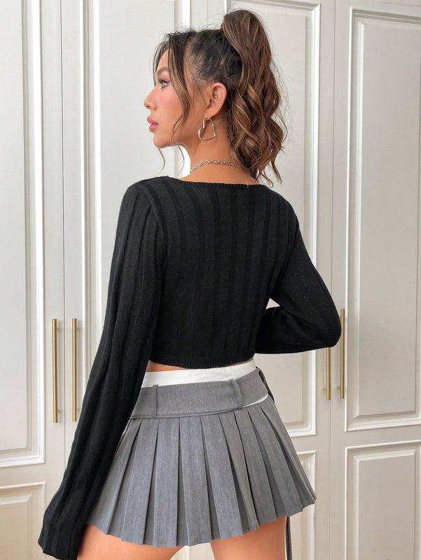 EZwear Jersey crop unicolor ribete en forma de lechuga bajo asimetrico