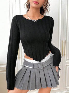 EZwear Jersey crop unicolor ribete en forma de lechuga bajo asimetrico