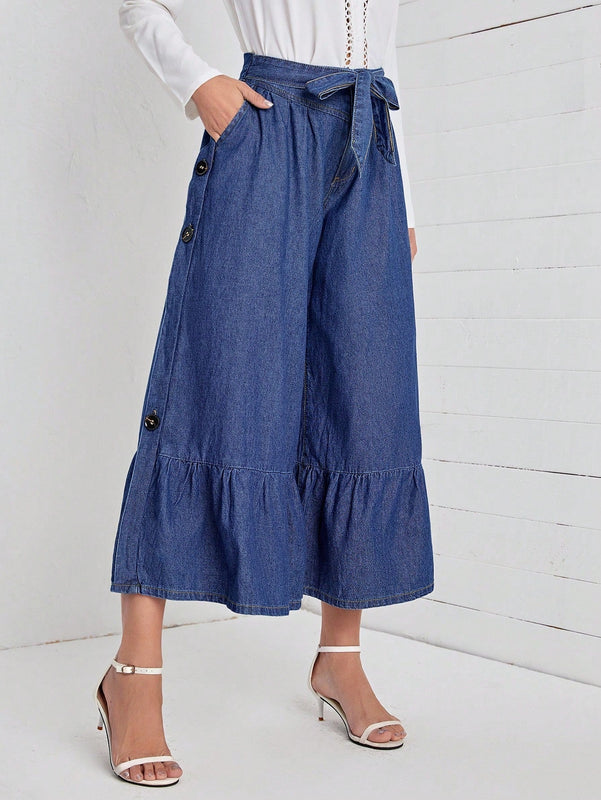 LUNE Jeans bajo con fruncido con cinturon de pierna ancha