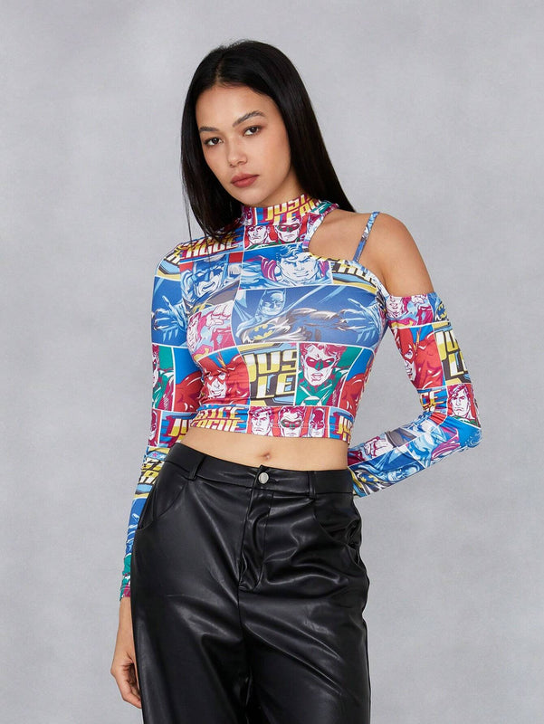 JUSTICE LEAGUE   Camiseta Cortada A La a Con Graficos De Dibujos Animados Y Letras