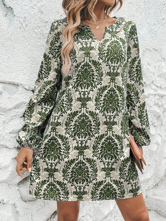 Vestido con estampado de cuello notch de manga farol