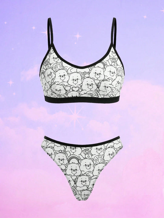 Juego De Ropa Interior Blanca Con Estampado De Oso De Dibujos Animados Y Correas Finas
