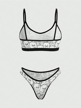 Juego De Ropa Interior Blanca Con Estampado De Oso De Dibujos Animados Y Correas Finas