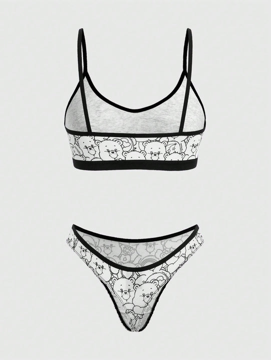Juego De Ropa Interior Blanca Con Estampado De Oso De Dibujos Animados Y Correas Finas