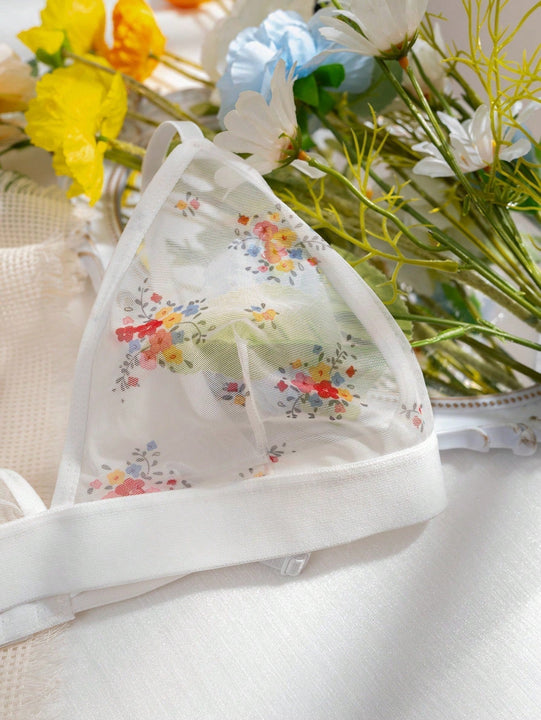 Set de lenceria con estampado floral de malla