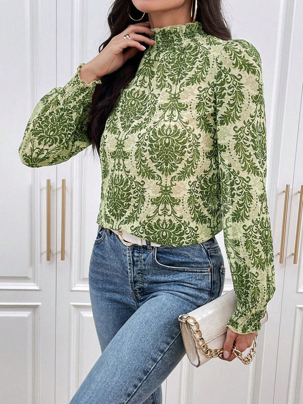 VCAY Blusa De Cuello Alto Con Estampado Completo