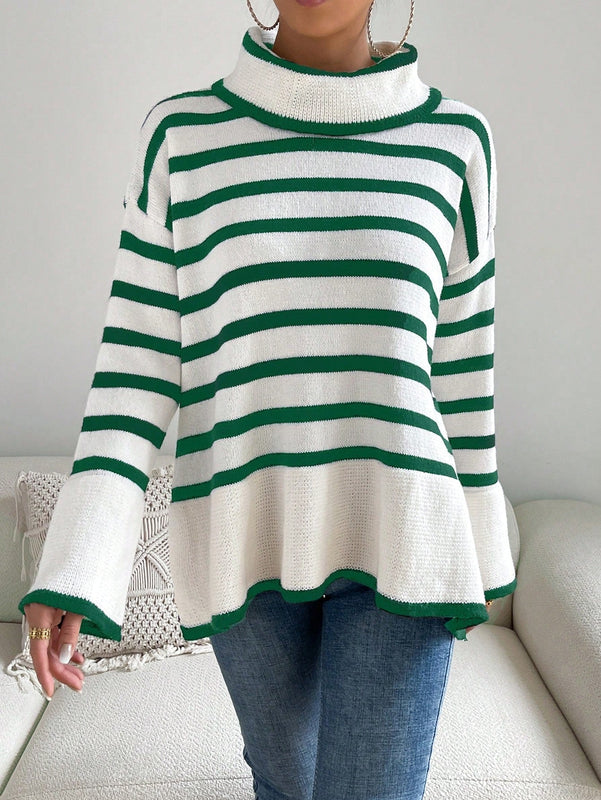 EZwear Jersey con patron de rayas cuello alto de hombros caidos bajo con abertura