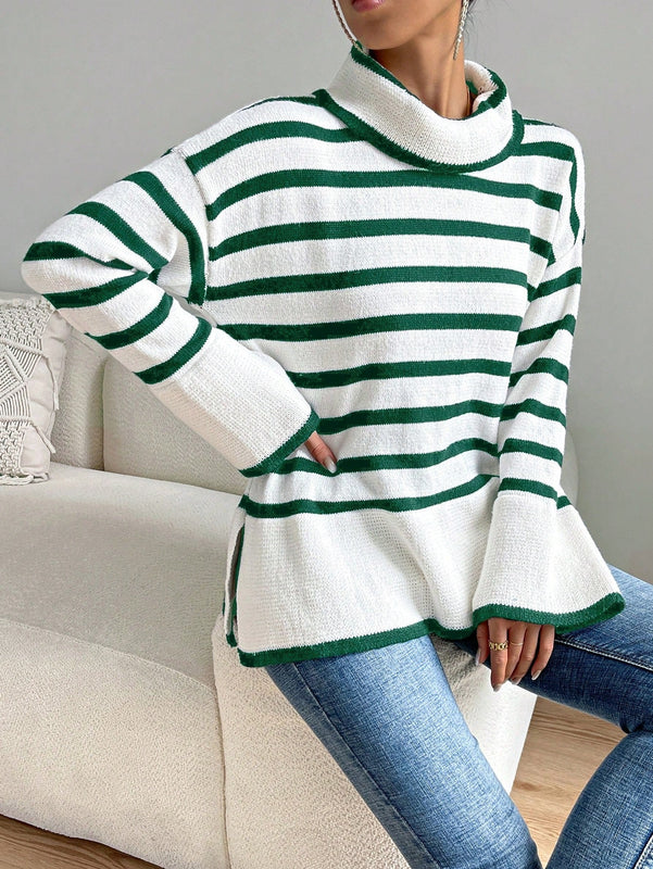 EZwear Jersey con patron de rayas cuello alto de hombros caidos bajo con abertura