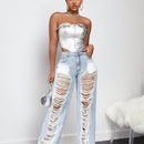SXY Jeans desgarro escalonado de pierna ancha
