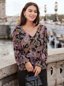 Frenchy Blusa con estampado de paisley de manga con volante