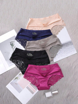 5 Piezas/set Ropa Interior Femenina: Pantalones Cortos Triangulares Sexys Y Comodos De Encaje Sin Costuras De Seda Helada