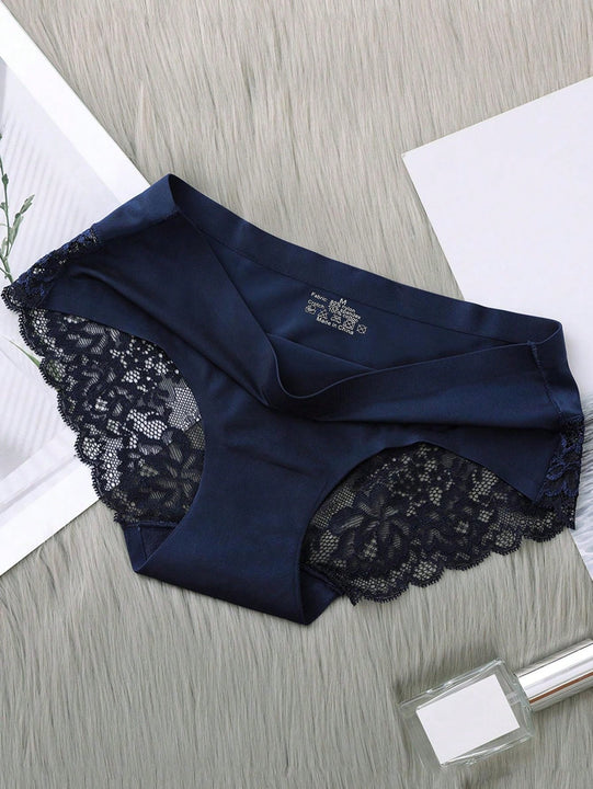 5 Piezas/set Ropa Interior Femenina: Pantalones Cortos Triangulares Sexys Y Comodos De Encaje Sin Costuras De Seda Helada