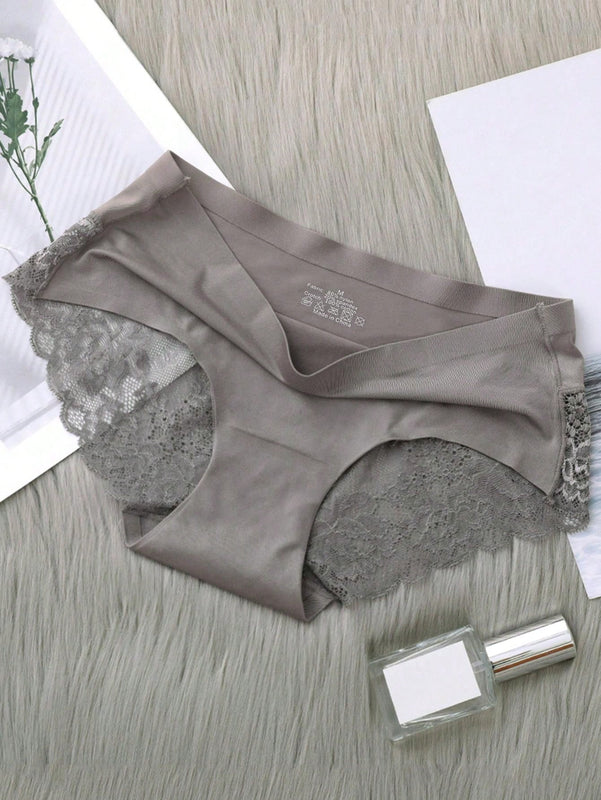 5 Piezas/set Ropa Interior Femenina: Pantalones Cortos Triangulares Sexys Y Comodos De Encaje Sin Costuras De Seda Helada