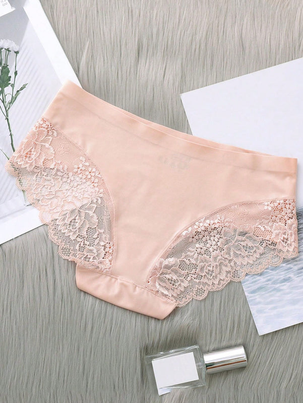 5 Piezas/set Ropa Interior Femenina: Pantalones Cortos Triangulares Sexys Y Comodos De Encaje Sin Costuras De Seda Helada