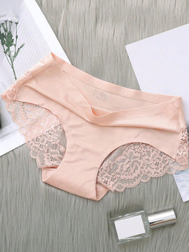 5 Piezas/set Ropa Interior Femenina: Pantalones Cortos Triangulares Sexys Y Comodos De Encaje Sin Costuras De Seda Helada