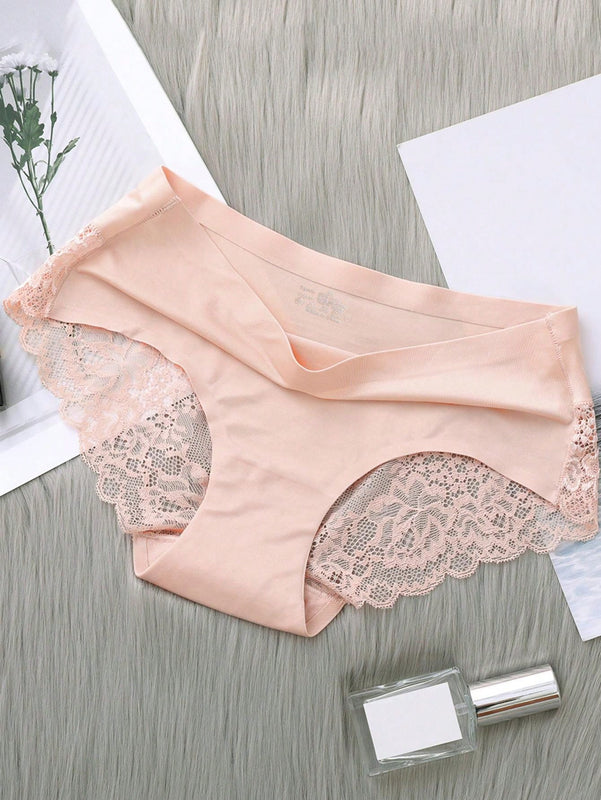 5 Piezas/set Ropa Interior Femenina: Pantalones Cortos Triangulares Sexys Y Comodos De Encaje Sin Costuras De Seda Helada