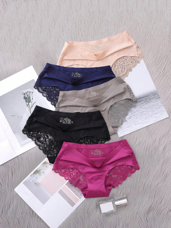 5 Piezas/set Ropa Interior Femenina: Pantalones Cortos Triangulares Sexys Y Comodos De Encaje Sin Costuras De Seda Helada
