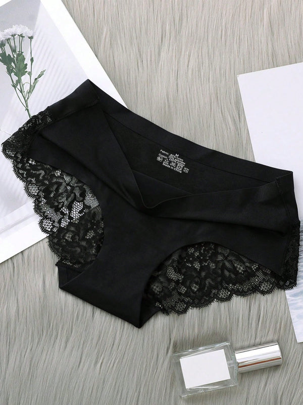 5 Piezas/set Ropa Interior Femenina: Pantalones Cortos Triangulares Sexys Y Comodos De Encaje Sin Costuras De Seda Helada