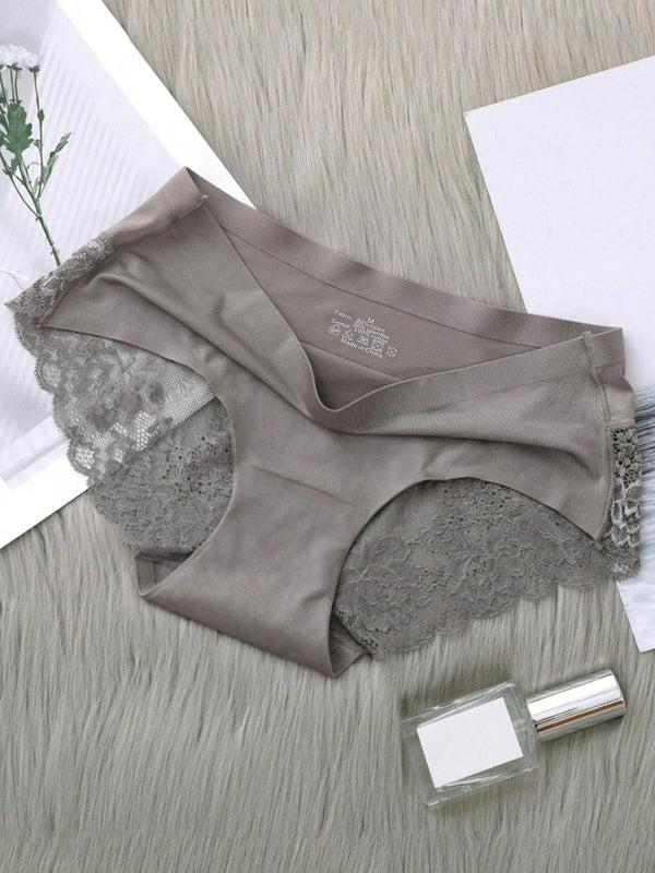 5 Piezas/set Ropa Interior Femenina: Pantalones Cortos Triangulares Sexys Y Comodos De Encaje Sin Costuras De Seda Helada
