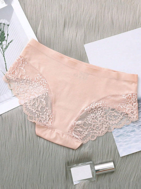 5 Piezas/set Ropa Interior Femenina: Pantalones Cortos Triangulares Sexys Y Comodos De Encaje Sin Costuras De Seda Helada