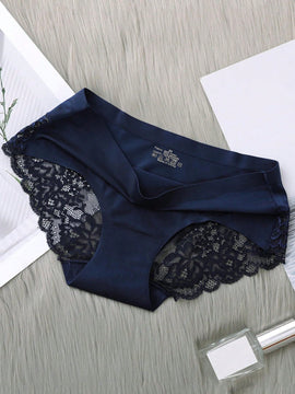 5 Piezas/set Ropa Interior Femenina: Pantalones Cortos Triangulares Sexys Y Comodos De Encaje Sin Costuras De Seda Helada