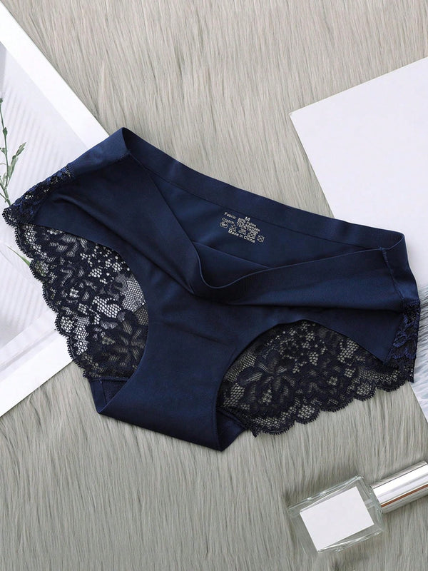 5 Piezas/set Ropa Interior Femenina: Pantalones Cortos Triangulares Sexys Y Comodos De Encaje Sin Costuras De Seda Helada