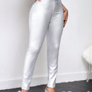 SXY Pantalones metalicos solidos y ajustados de color plateado