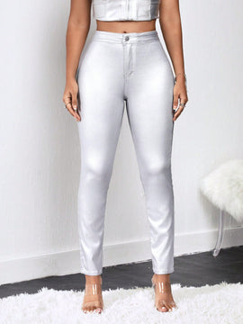 SXY Pantalones metalicos solidos y ajustados de color plateado