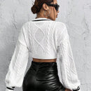 ICON Jersey crop con bordado de corazon ribete de rayas tejido de cable de hombros caidos