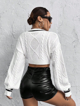 ICON Jersey crop con bordado de corazon ribete de rayas tejido de cable de hombros caidos