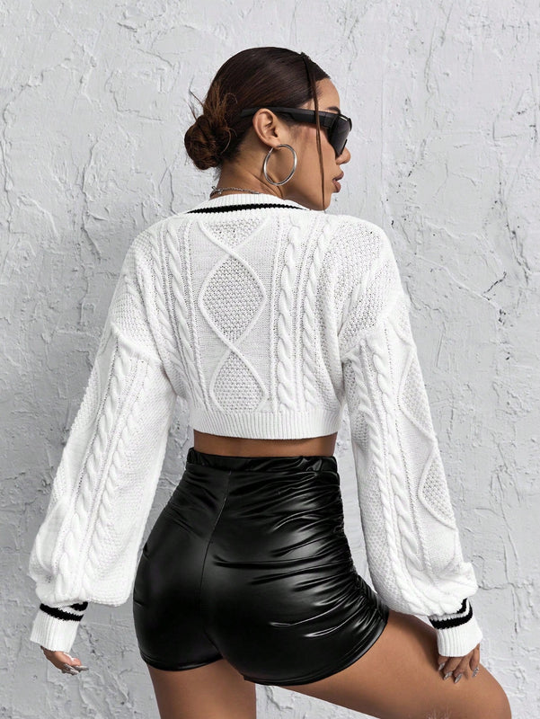 ICON Jersey crop con bordado de corazon ribete de rayas tejido de cable de hombros caidos