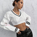 ICON Jersey crop con bordado de corazon ribete de rayas tejido de cable de hombros caidos