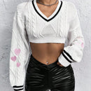 ICON Jersey crop con bordado de corazon ribete de rayas tejido de cable de hombros caidos