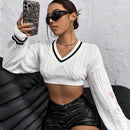ICON Jersey crop con bordado de corazon ribete de rayas tejido de cable de hombros caidos