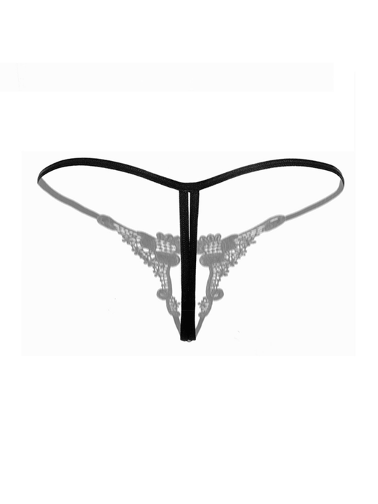 1 Pieza De Ropa Interior Sexy Bordada A La Moda Para Mujer, Con Tela Transparente, Perla Hueca, Funcion De Masaje Y Tanga Con Entrepierna Abierta, Espalda En T De Cintura Baja