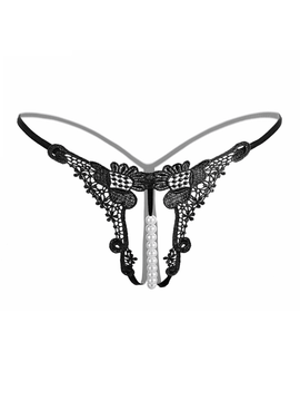 1 Pieza De Ropa Interior Sexy Bordada A La Moda Para Mujer, Con Tela Transparente, Perla Hueca, Funcion De Masaje Y Tanga Con Entrepierna Abierta, Espalda En T De Cintura Baja