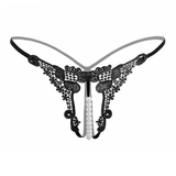 1 Pieza De Ropa Interior Sexy Bordada A La Moda Para Mujer, Con Tela Transparente, Perla Hueca, Funcion De Masaje Y Tanga Con Entrepierna Abierta, Espalda En T De Cintura Baja