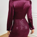 VCAY Vestido ajustado de manga farol con nudo lateral con lentejuelas