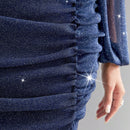 Modely Vestido de cuello cruzado de manga farol fruncido bajo con fruncido de color metalico sin cinturon