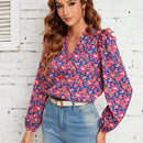 Frenchy Blusa con estampado floral ribete con fruncido de manga farol