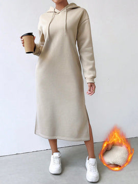 Relaxiva vestido sudadera casual de felpa con capucha, manga larga, bajo con abertura, cordon ajustable, estampado de lema para mujer, otono/invierno