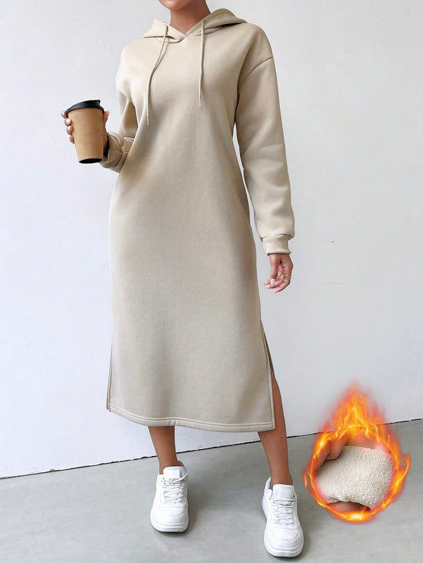 Relaxiva sudadera con capucha larga forrada de forro polar con estampado de eslogan casual, otono/invierno
