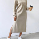 Relaxiva vestido sudadera casual de felpa con capucha, manga larga, bajo con abertura, cordon ajustable, estampado de lema para mujer, otono/invierno