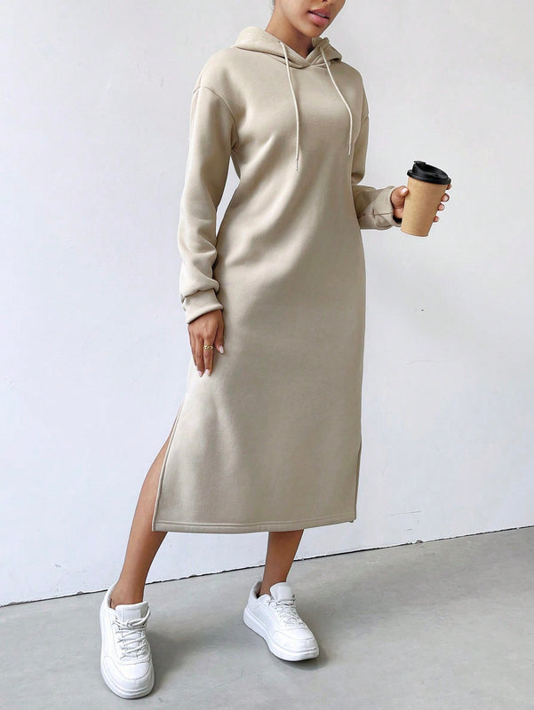 Relaxiva sudadera con capucha larga forrada de forro polar con estampado de eslogan casual, otono/invierno
