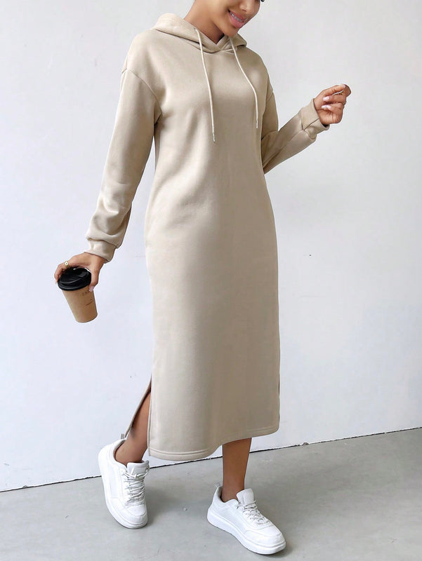 Relaxiva vestido sudadera casual de felpa con capucha, manga larga, bajo con abertura, cordon ajustable, estampado de lema para mujer, otono/invierno