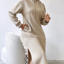 Relaxiva vestido sudadera casual de felpa con capucha, manga larga, bajo con abertura, cordon ajustable, estampado de lema para mujer, otono/invierno