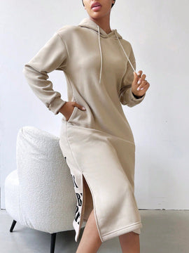 Relaxiva vestido sudadera casual de felpa con capucha, manga larga, bajo con abertura, cordon ajustable, estampado de lema para mujer, otono/invierno
