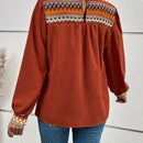 LUNE Blusa con estampado geometrico fruncido de cuello alto de manga farol
