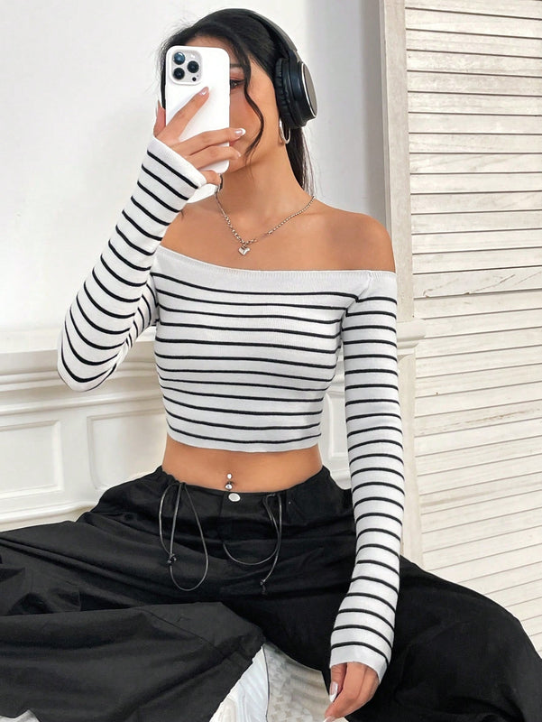 EZwear Jersey crop con patron de rayas de hombros descubiertos