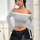 EZwear Jersey crop con patron de rayas de hombros descubiertos